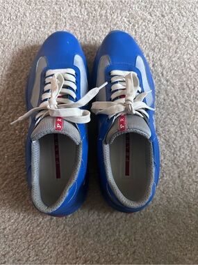 Prada Royal Blue Sneakers with White Laces and Red Logo